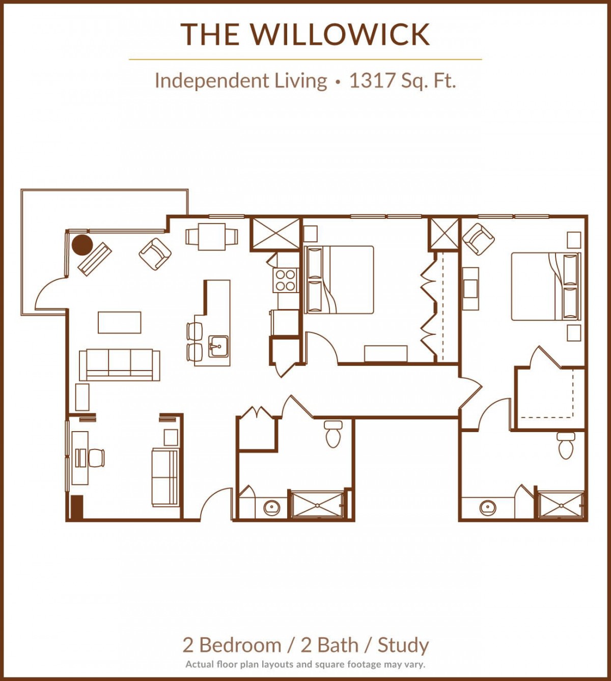 The Willowick Independent Living Floor Plan featuring a spacious 1337 sq. ft., with 2 bedrooms and 2 baths.