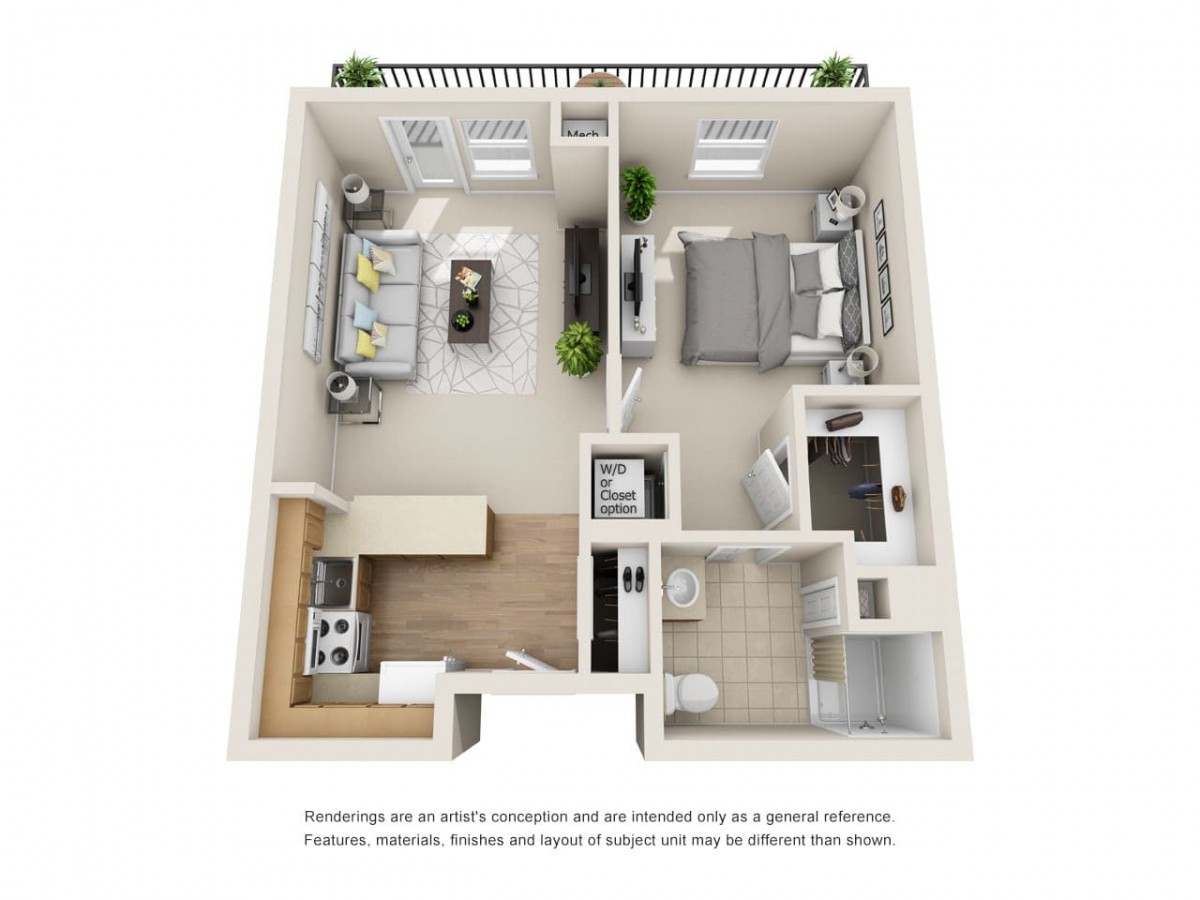 This is a 3D floor plan of a one-bedroom apartment featuring a living room, kitchen, and bathroom.