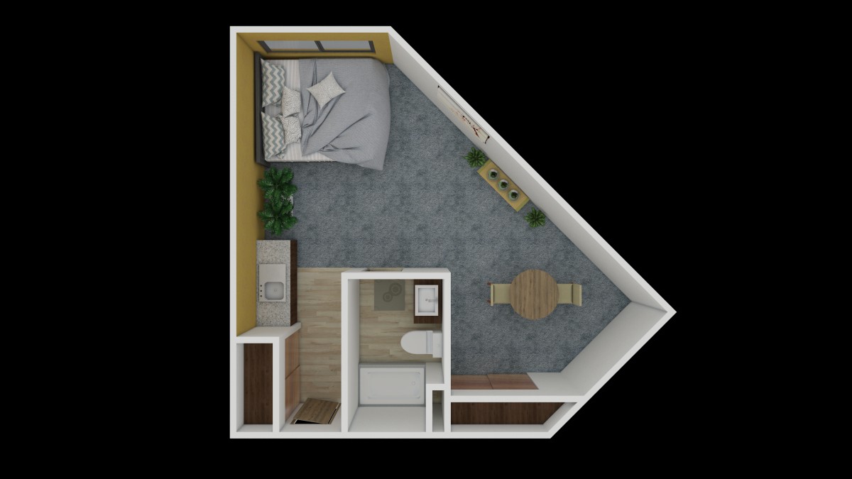 A compact apartment floor plan featuring a bedroom, bathroom, living area, and kitchenette.