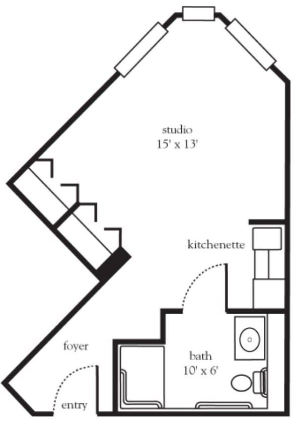 Studio apartment floor plan featuring a studio space, kitchenette, foyer, and bathroom.