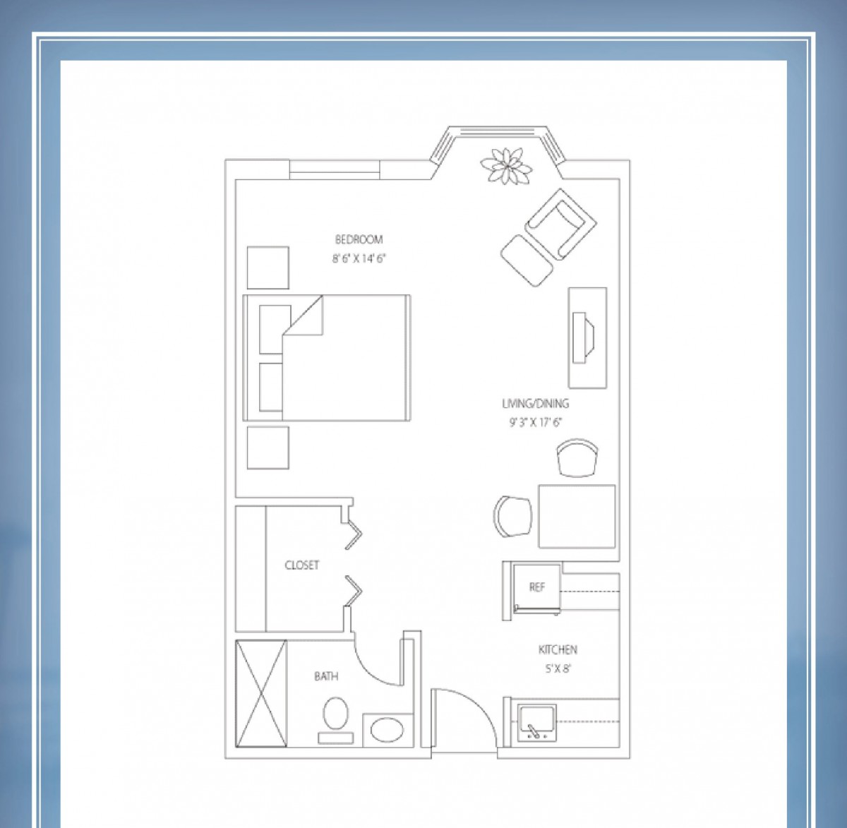 A one-bedroom apartment floor plan showcasing the layout of living spaces.
