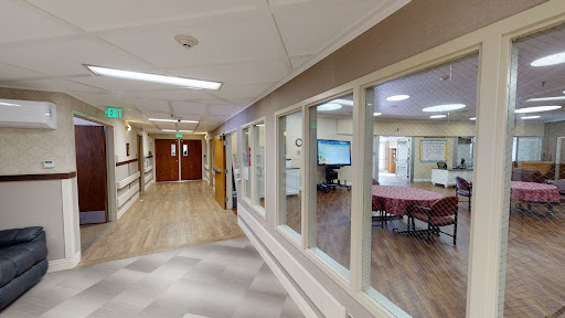 A well-lit corridor in a healthcare facility featuring glass walls and a modern design.