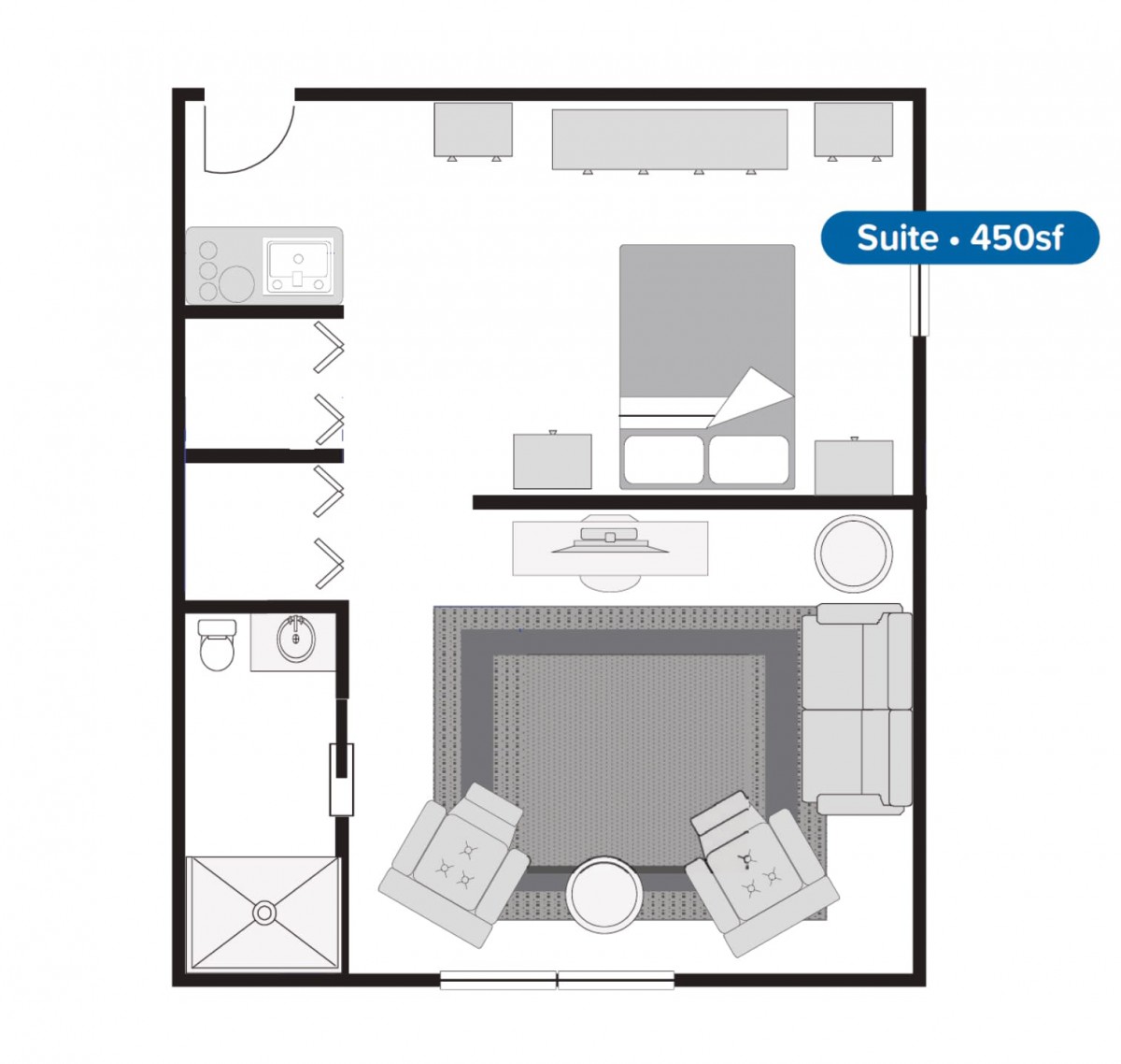 A detailed floor plan of a suite, highlighting the layout and furniture arrangement.