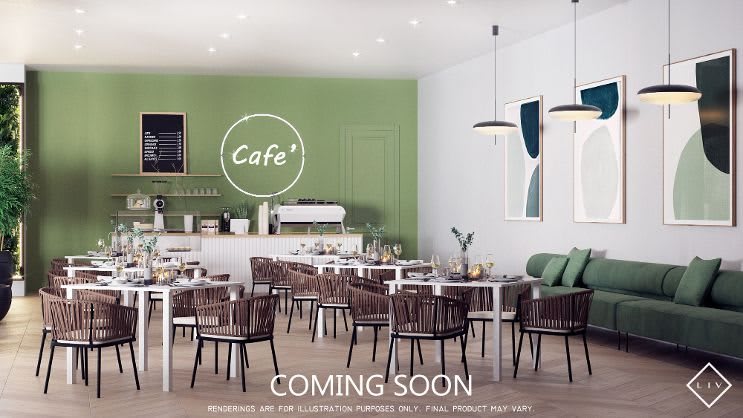 Modern cafe interior with stylish decor, coming soon.
