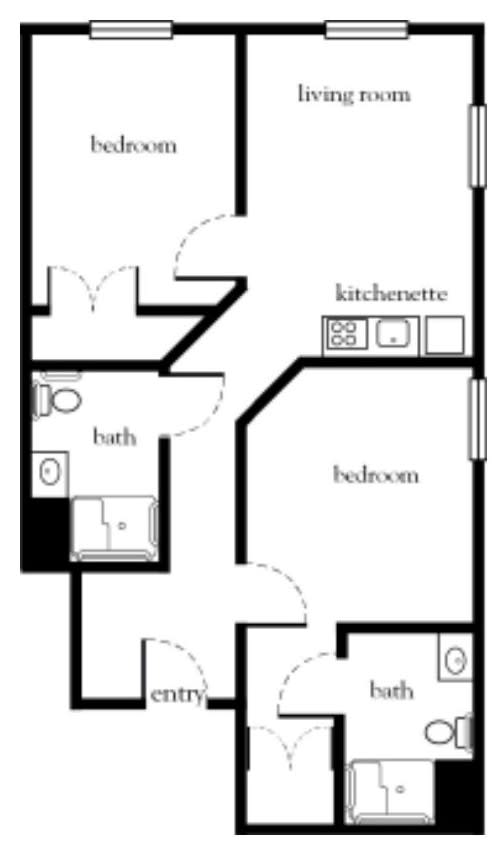 This is a floor plan of an apartment featuring a bedroom, kitchenette, and bathroom.