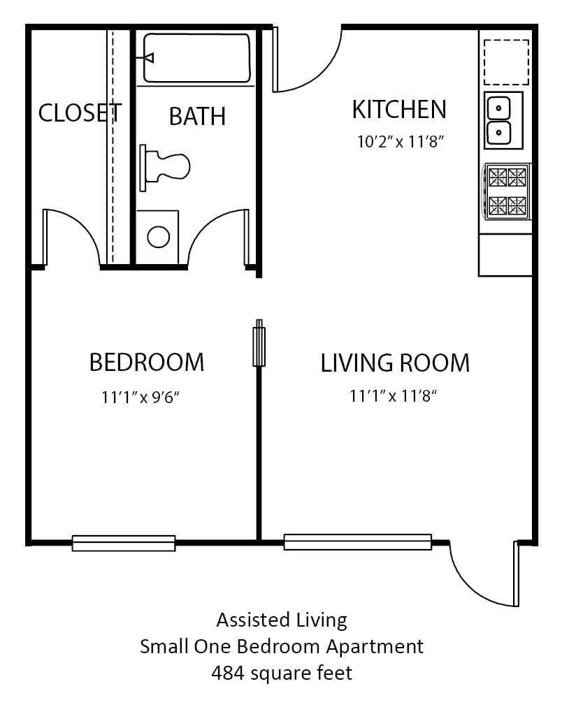 A floor plan of an assisted living apartment featuring a bedroom, bathroom, kitchen, and living room.