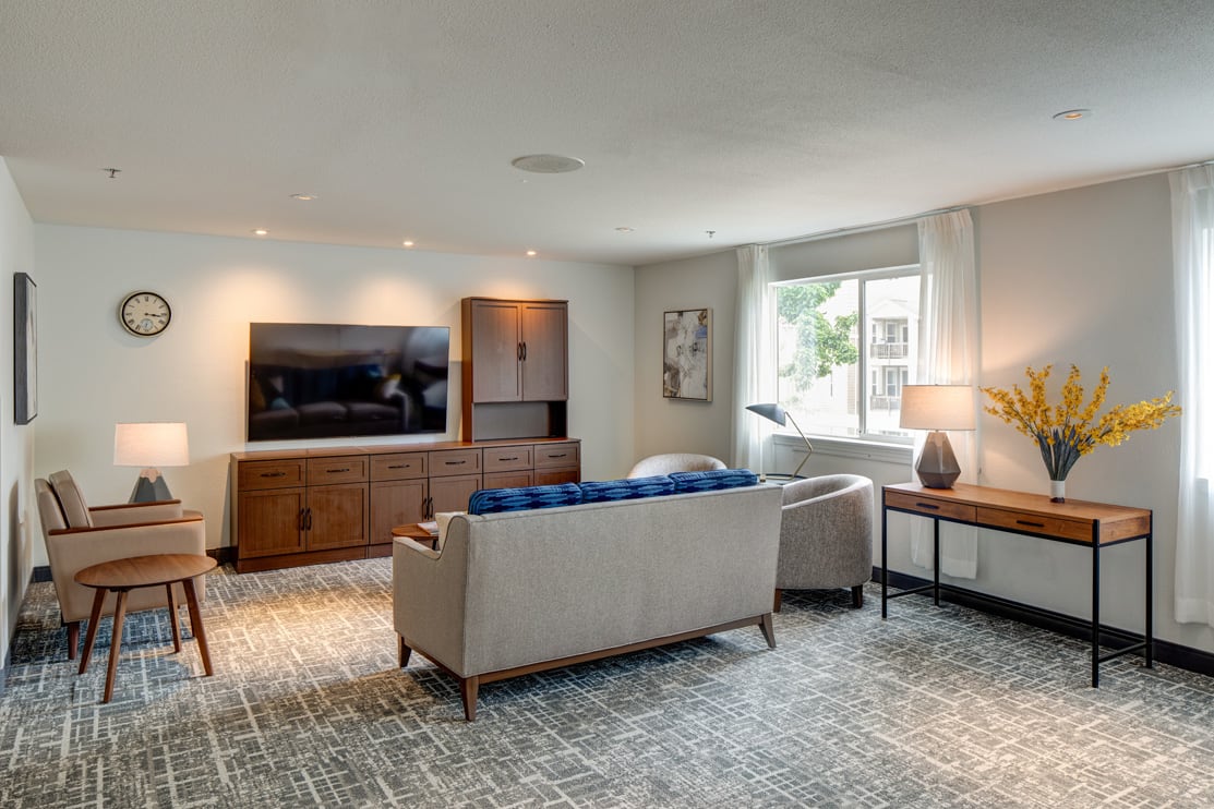 A modern living room with a comfortable sofa and a large television, featuring minimalist decor and ample natural light.