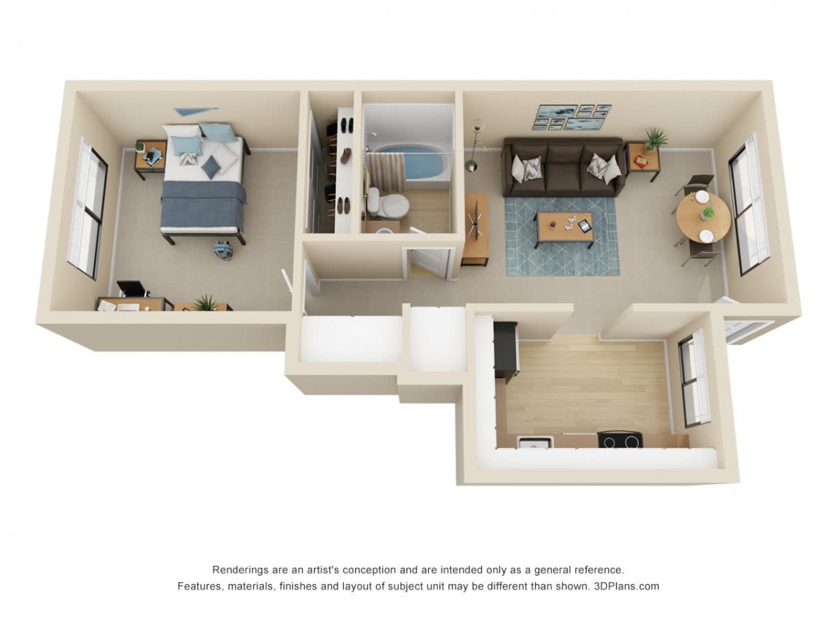 A 3D floor plan of a one-bedroom apartment featuring a living room, kitchen, and bathroom.