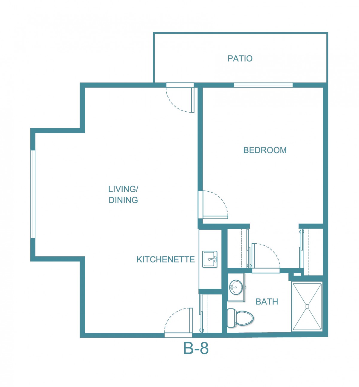 A compact apartment floor plan featuring a living/dining area, kitchenette, bedroom, bathroom, and patio.