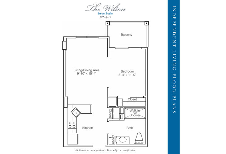 A floor plan of a one-bedroom apartment with labeled rooms including a living/dining area, kitchen, bedroom, bathroom, and balcony.