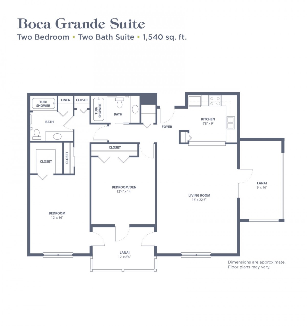 Floor plan of Boca Grande Suite featuring two bedrooms and two baths.