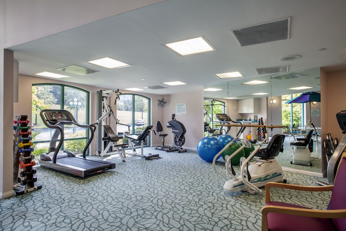 A modern gym equipped with various exercise machines and fitness gear.