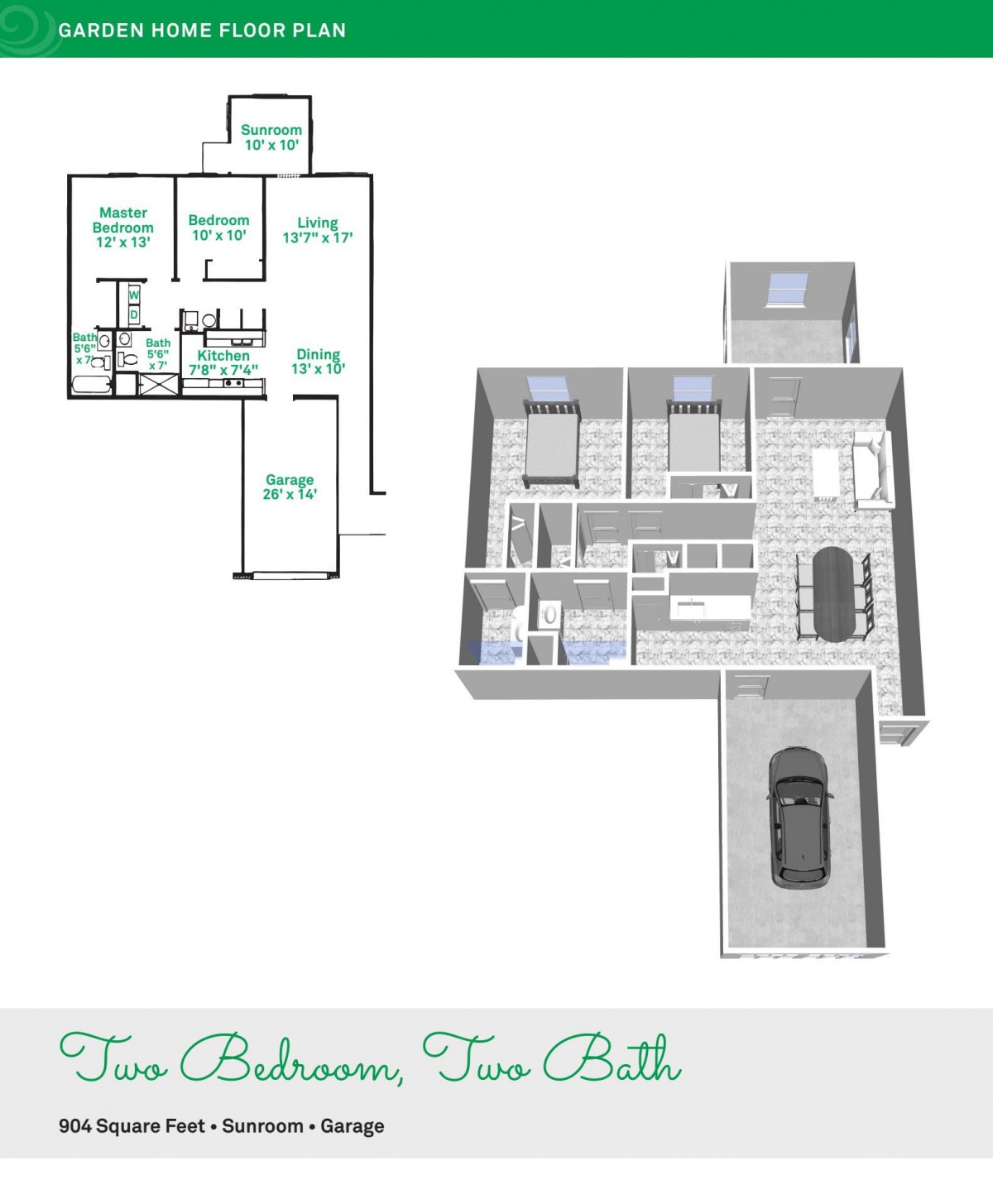 A detailed 3D floor plan of a house with two bedrooms, two bathrooms, and a garage.