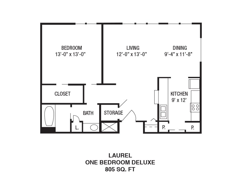 An architectural floor plan of a one-bedroom deluxe apartment measuring 825 square feet.