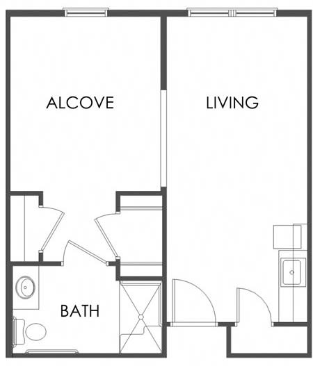 A simple apartment floor plan featuring an alcove, living area, and bathroom.