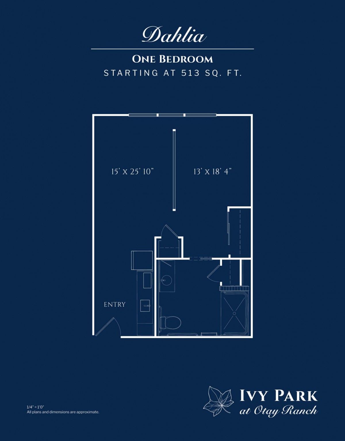 Blueprint of a one-bedroom apartment layout.
