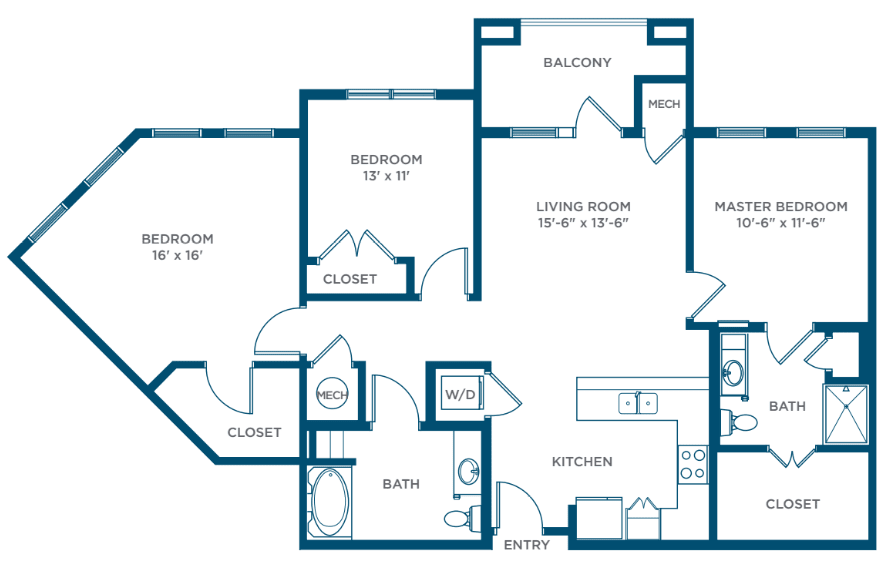 A blueprint of a two-bedroom apartment showing the layout of rooms including living room, kitchen, bathroom, and balcony.