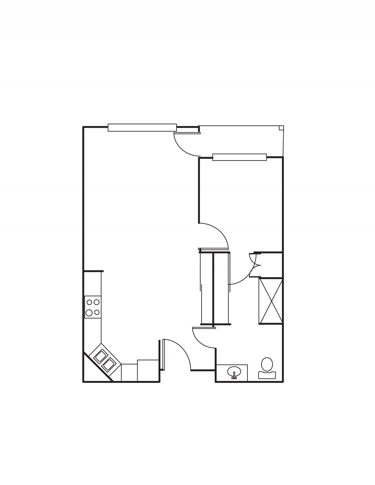 A simple floor plan of a small apartment with one bedroom and a kitchen area.