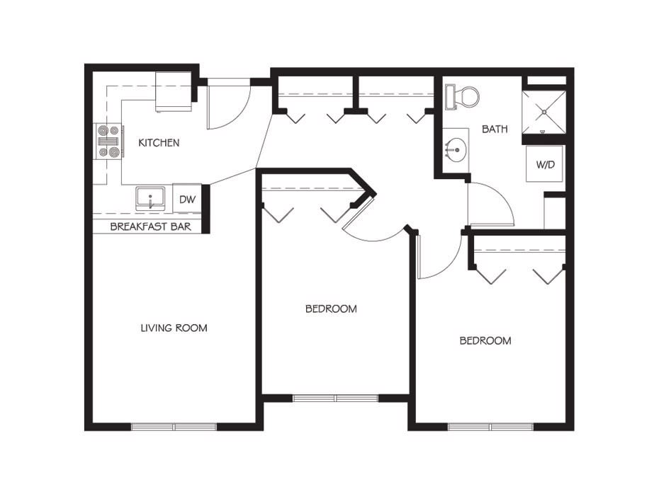 A floor plan of an apartment showing a living room, kitchen, two bedrooms, and a bathroom.