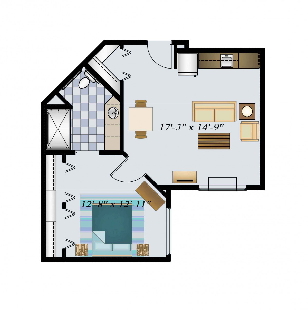 Floor plan of a one-bedroom apartment with living room, kitchen, and bathroom.