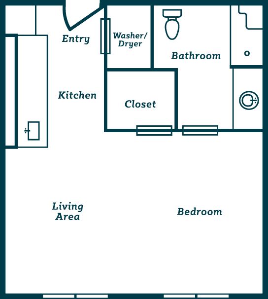 A floor plan of an apartment showing the kitchen, living area, bedroom, bathroom, closet, and entry.