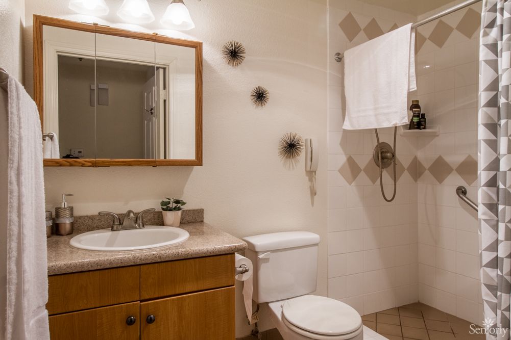 A clean and modern bathroom featuring a vanity with a mirror, toilet, and wall-mounted shower.
