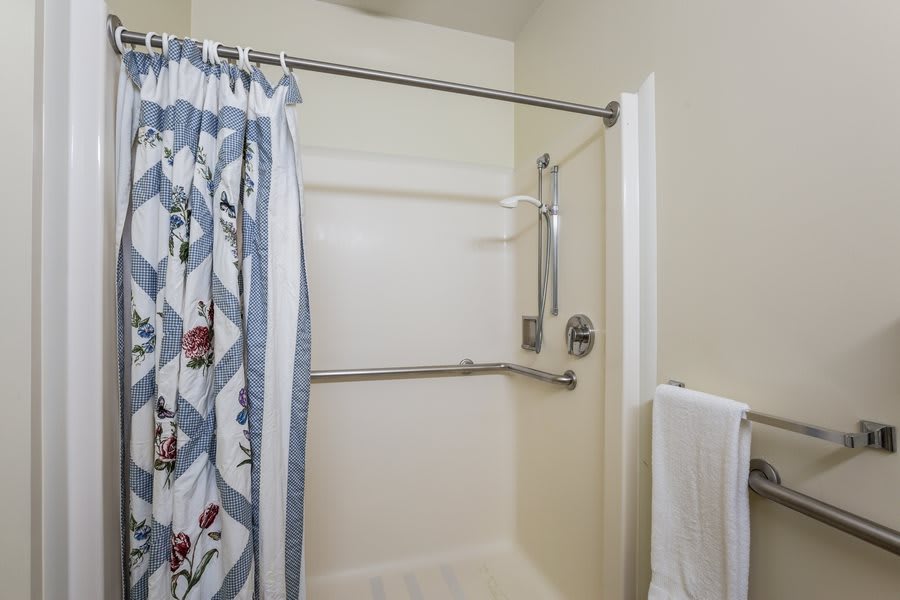 A bathroom with a shower featuring grab bars and a patterned curtain.