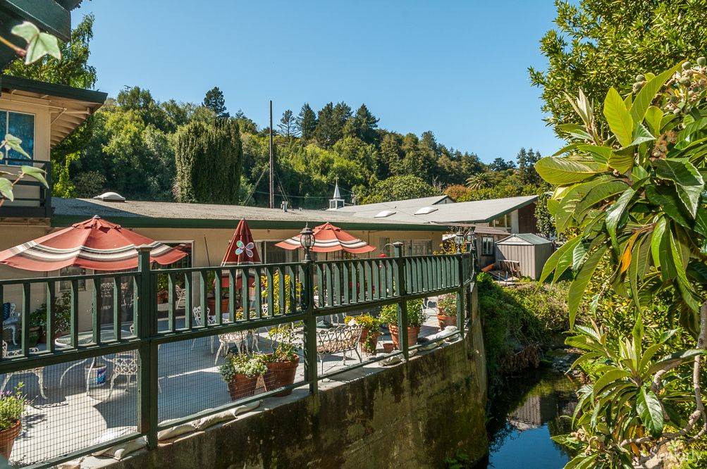 A charming restaurant with outdoor seating overlooking a waterway, surrounded by lush greenery on a sunny day.