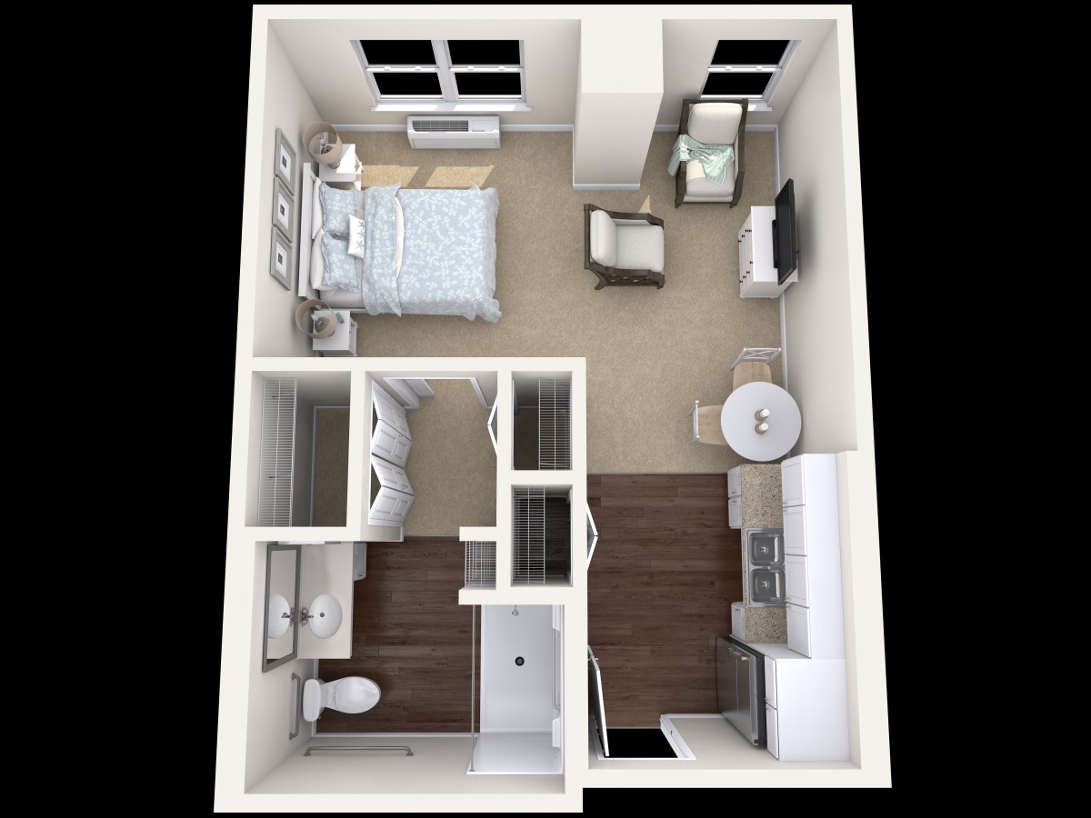 A 3D floor plan of a compact 1-bedroom apartment featuring a living area, kitchen, and bathroom.