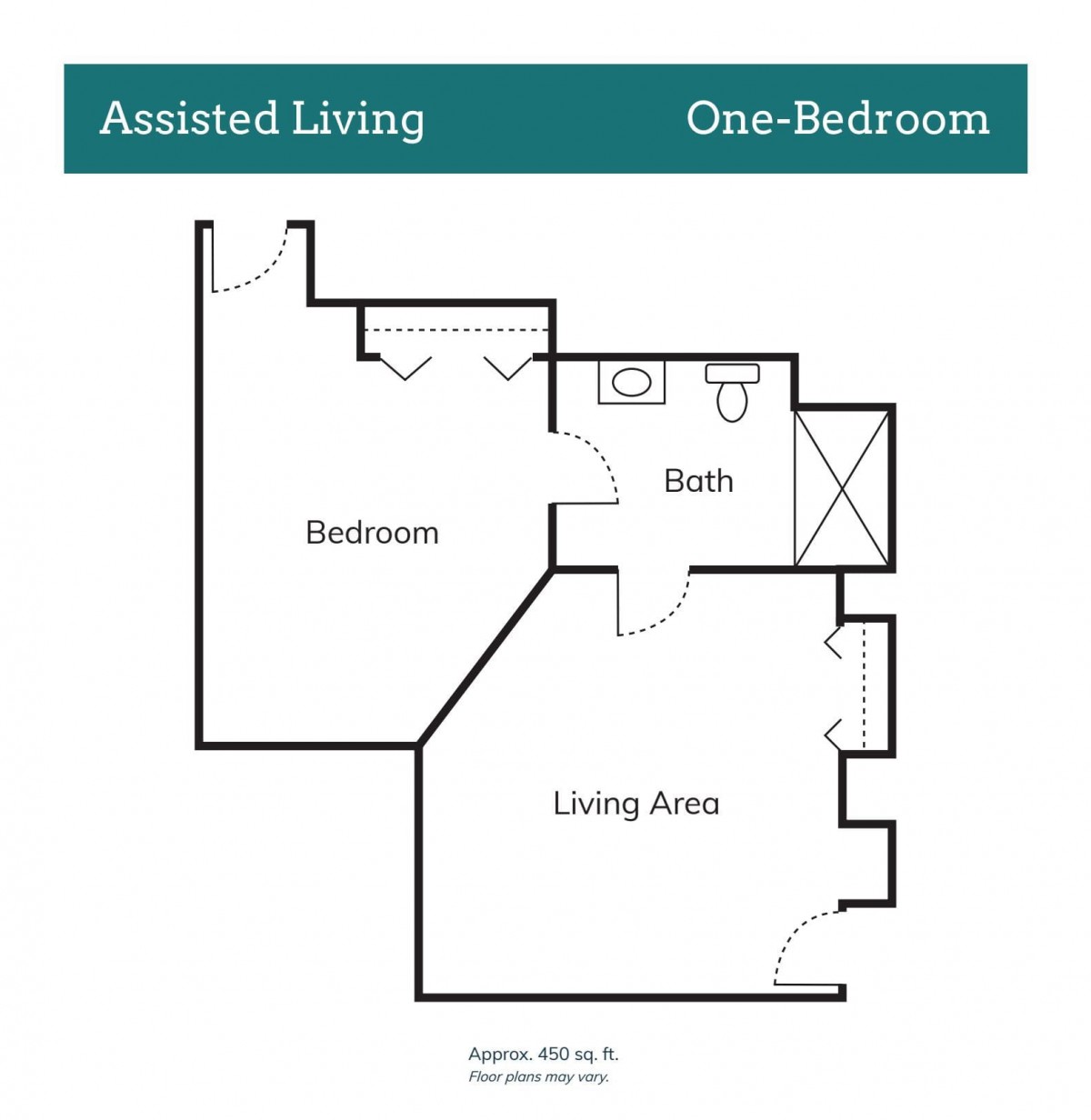 A floor plan of a one-bedroom assisted living apartment.