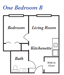 One Bedroom B floor plan with living room, kitchenette, bathroom, and walk-in closet.