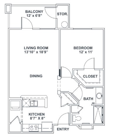A floor plan of a one-bedroom apartment featuring a living room, kitchen, bathroom, and balcony.