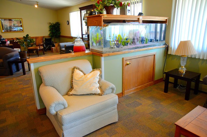A cozy living room corner featuring a comfortable armchair with a decorative pillow and an aquarium on the side.