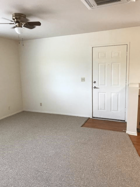 An empty living room with a carpeted floor, featuring a ceiling fan and an entry door.
