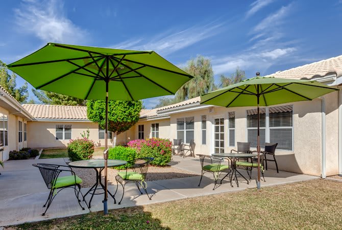 A sunny patio area with tables, chairs, and green umbrellas surrounded by greenery.