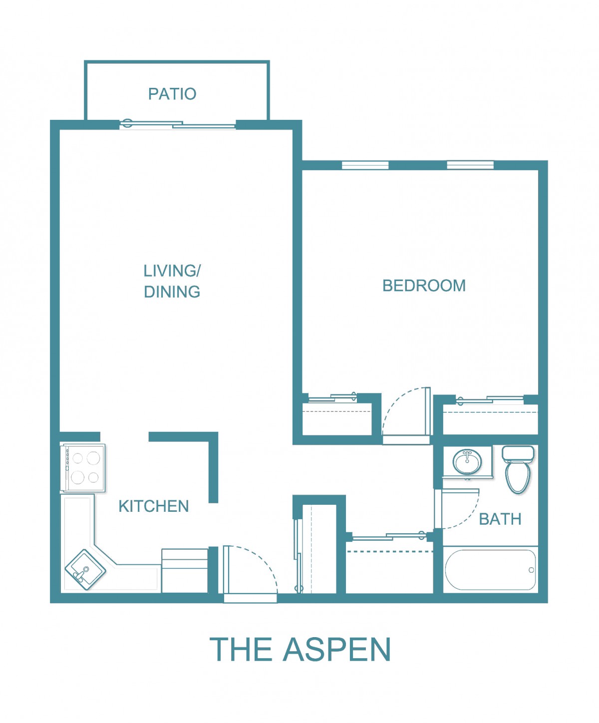 Floor plan of The Aspen: one-bedroom apartment with a living/dining area, kitchen, bathroom, and patio.