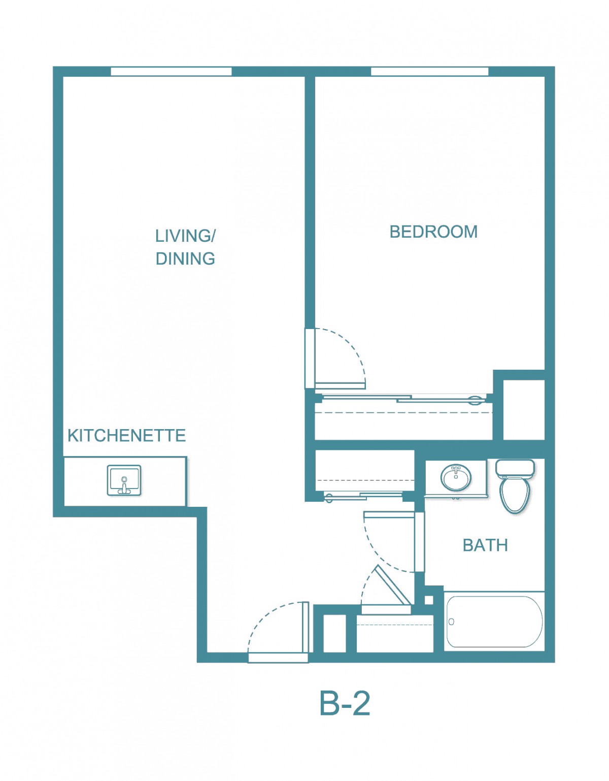 A floor plan of a one-bedroom apartment with a living/dining area, kitchenette, and bathroom.