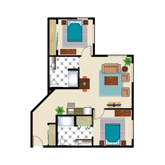 A two-bedroom apartment floor plan with furniture layout.