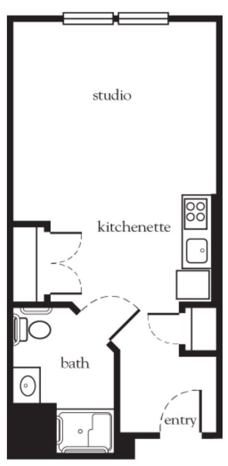 Studio apartment floor plan with a kitchenette and bathroom layout.