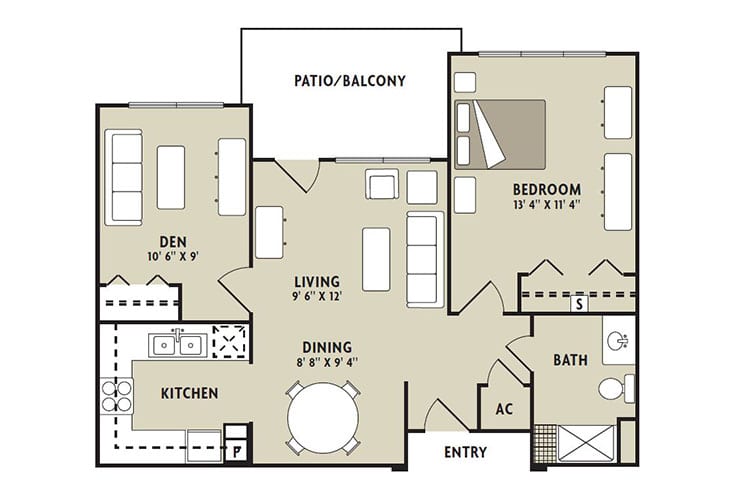 This image shows a floor plan of a 2-bedroom apartment with a den, featuring a kitchen, living room, dining area, and patio/balcony.