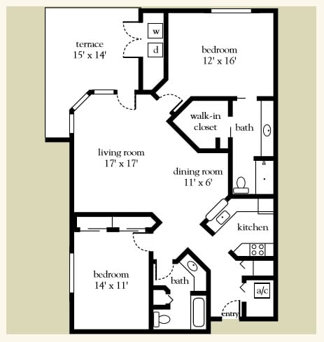 A floor plan of an apartment featuring two bedrooms, three bathrooms, a kitchen, a living room, a dining room, and a patio.