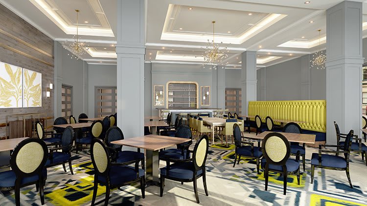 A stylish restaurant interior featuring elegant furnishings and a modern design.
