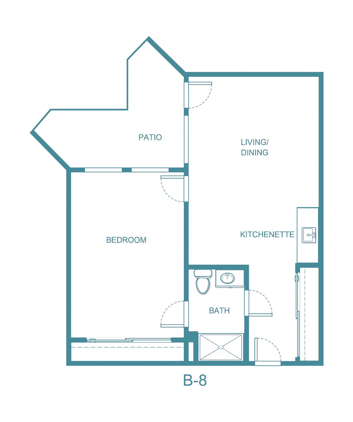 A floor plan of a one-bedroom apartment with a living/dining area, kitchen, and bathroom.