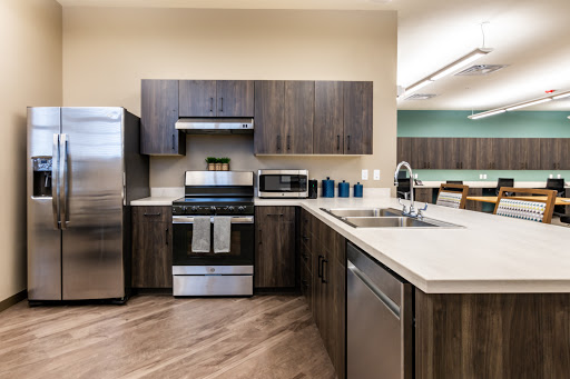 A modern kitchen featuring stainless steel appliances and sleek wooden cabinetry.