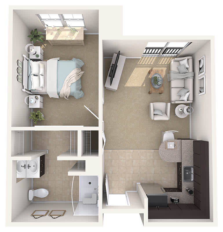 A 3D floor plan of a one-bedroom apartment featuring a kitchen, living room, and bathroom.