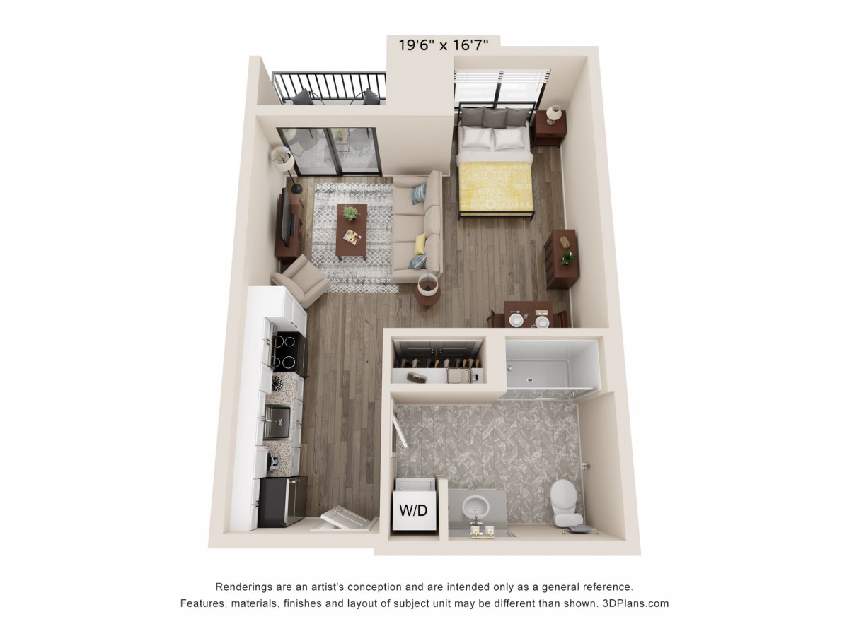 A 3D floor plan of a compact one-bedroom apartment featuring an open living area, kitchen, and bathroom.