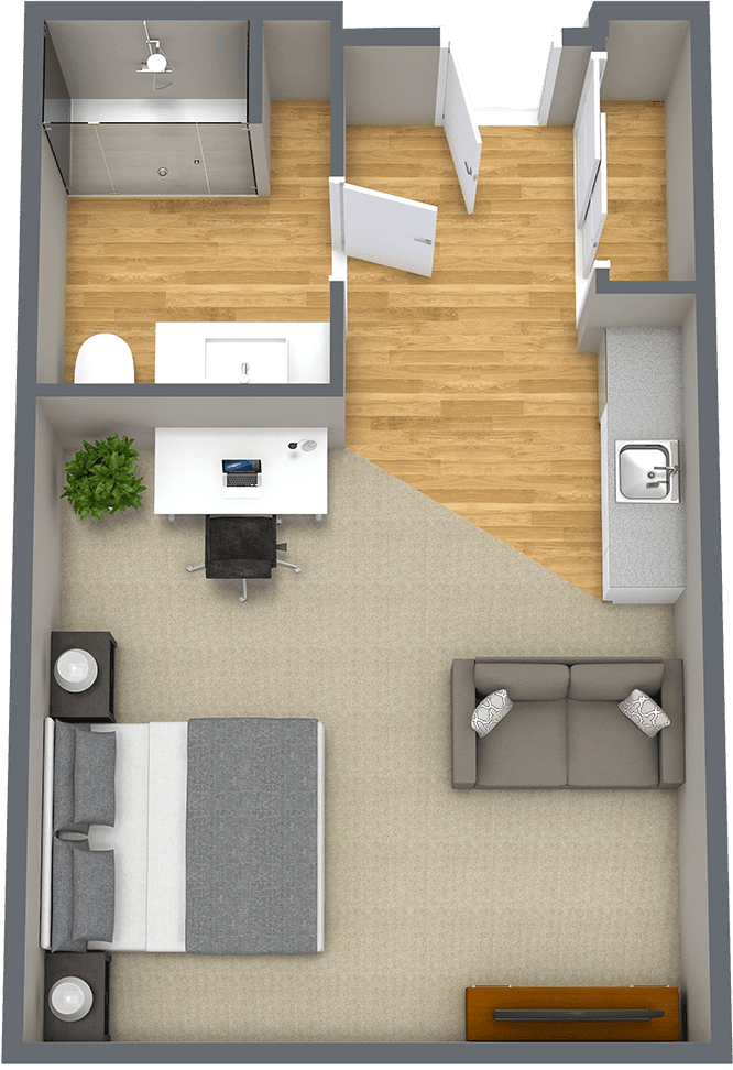 A compact apartment floor plan featuring a bedroom, kitchen, and living area with minimalist design.