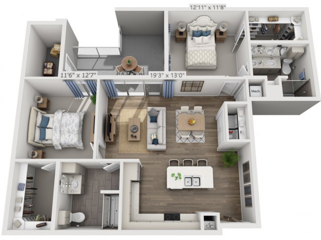 3D floor plan of a modern apartment showing layout and interior design.