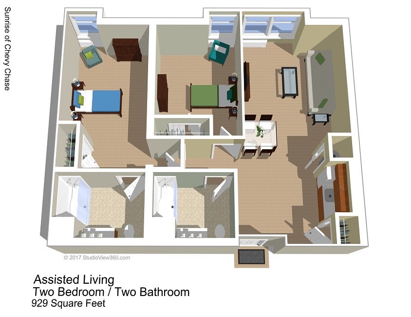A 3D floor plan of a two-bedroom, two-bathroom apartment with furniture.