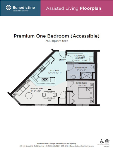 Floor plan of a Premium One Bedroom (Accessible) apartment, featuring an open layout with a living area, kitchen, and accessible design.